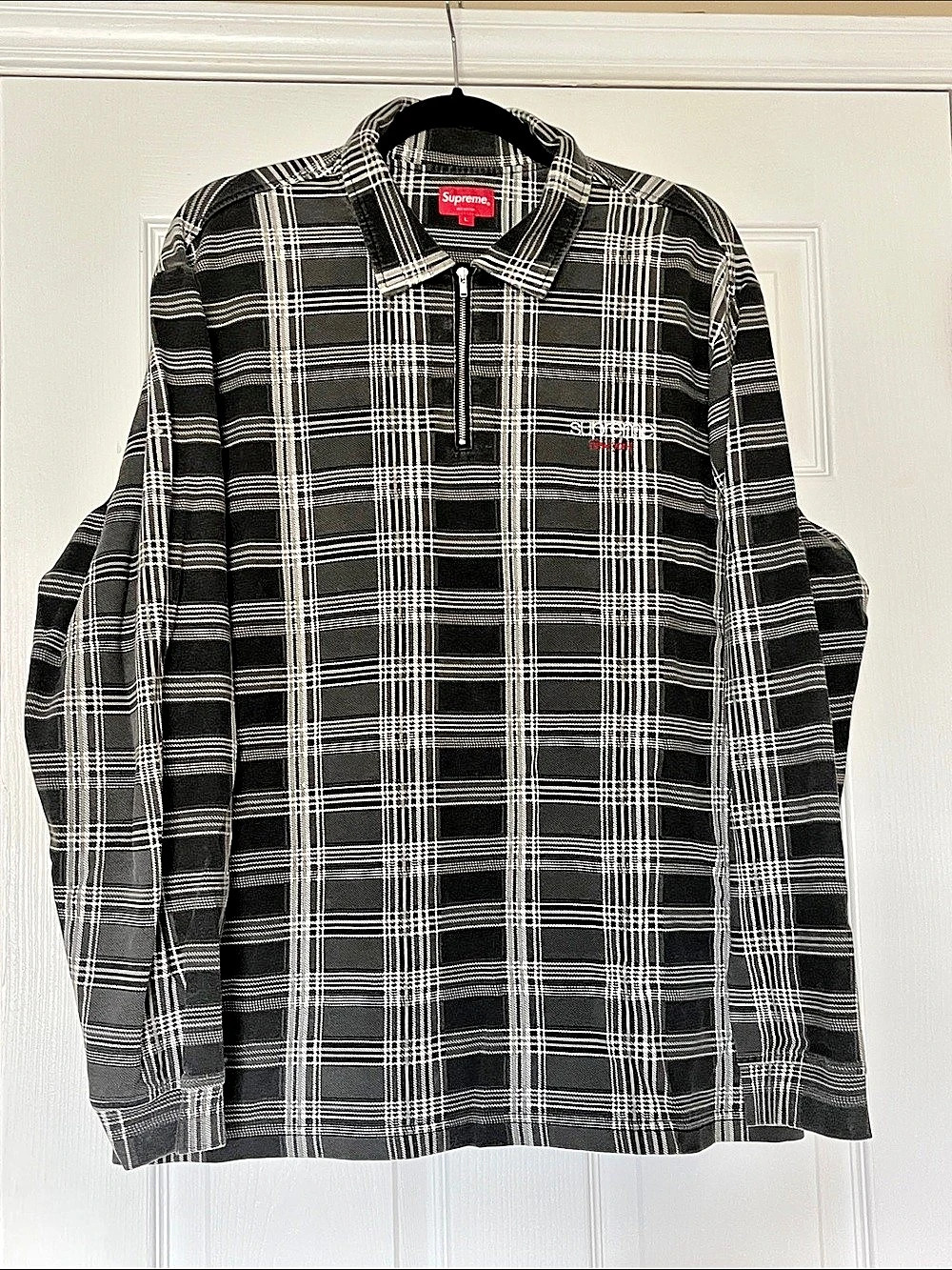 Supreme Plaid Zip Up Long Sleeve Polo Black White Size Large